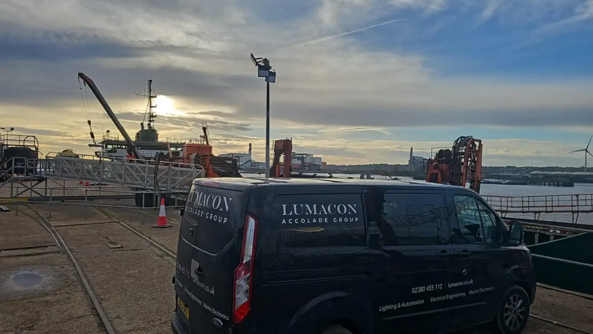 Lumacon Accolade Group service van at Southampton docks at sunset