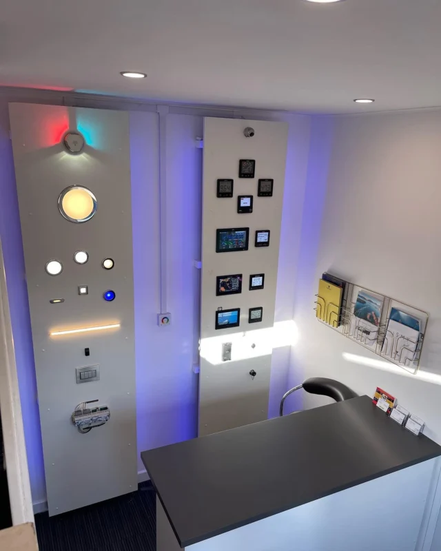 Lumacon showroom display panels and marine electronics sales counter