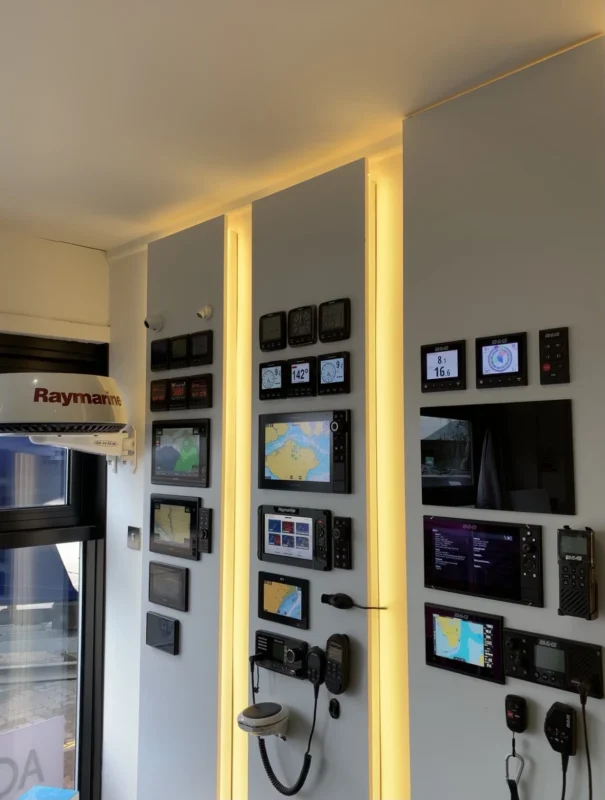 Wall display of Raymarine and B&G marine electronics and instruments
