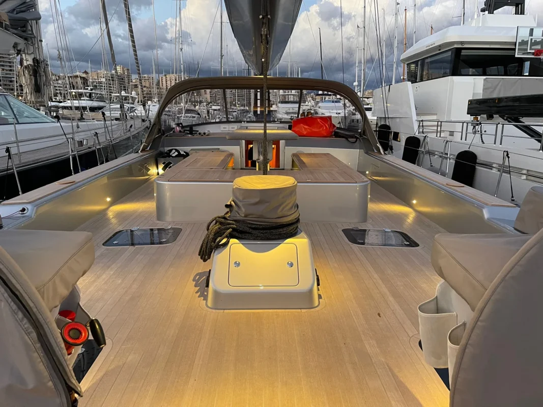 Illuminated yacht cockpit and deck at dusk